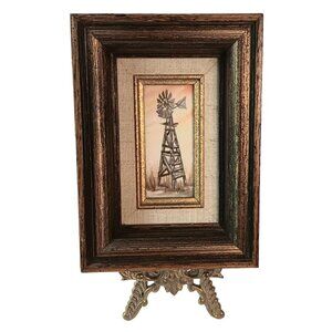 Vintage Texas Windmill Miniature Painting Signed Connie Foreman Recessed Frame